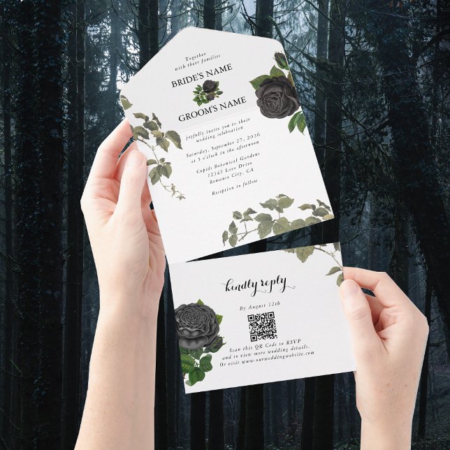Gothic Halloween Black Roses White Wedding All In One Invitation (Gothic Halloween Black Roses White Wedding All In One Invitation)
