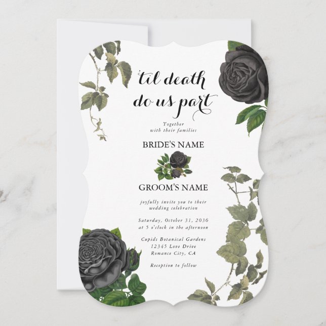 Gothic Halloween Black Roses White Wedding Invitation (Front)