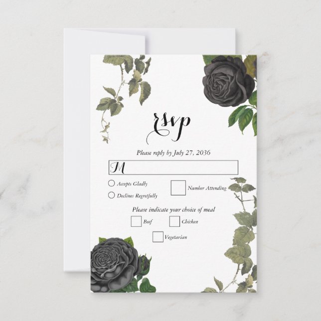 Gothic Halloween Black Roses White Wedding RSVP Card (Front)