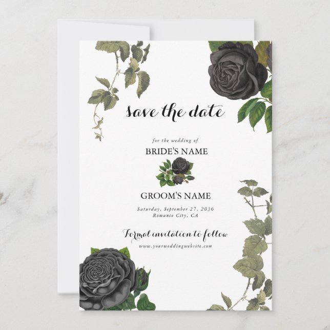 Gothic Halloween Black Roses White Wedding Save The Date (Front)