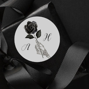 Gothic Halloween Black Wedding Skeleton Hand Rose  Classic Round Sticker