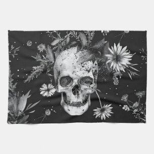 Gothic Halloween Botanical Skulls pattern Tea Towel