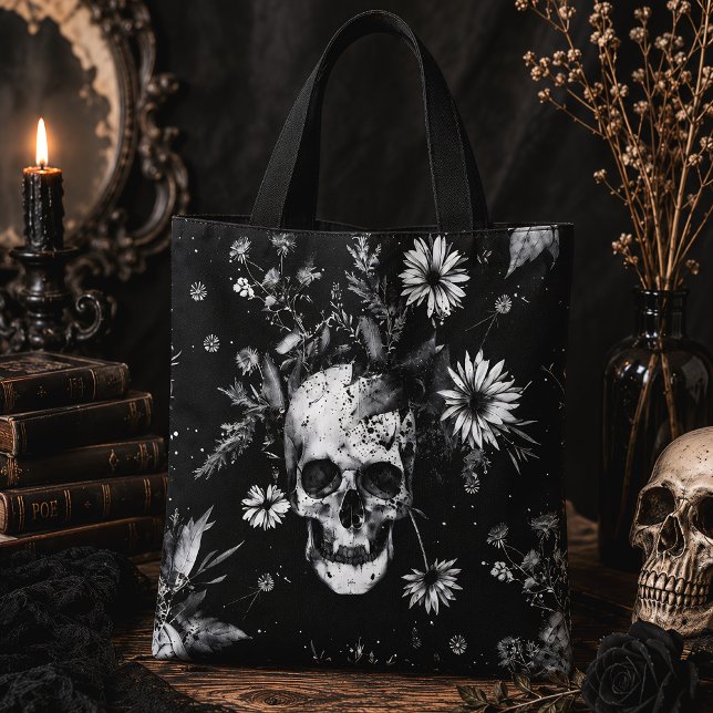 Gothic Halloween Botanical Skulls pattern Tote Bag (Creator Uploaded)