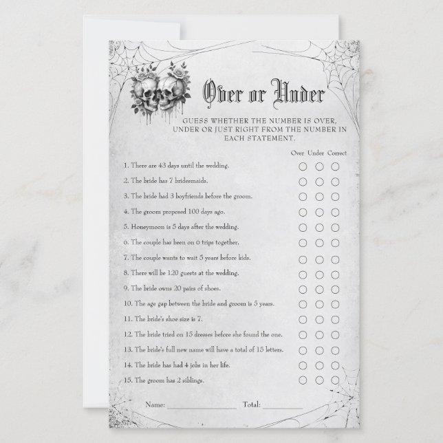 Gothic Halloween Bridal Shower Over or Under Game (Front)