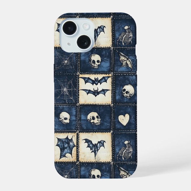 Gothic Halloween Denim Patchwork Pattern iPhone 15 Case (Back)
