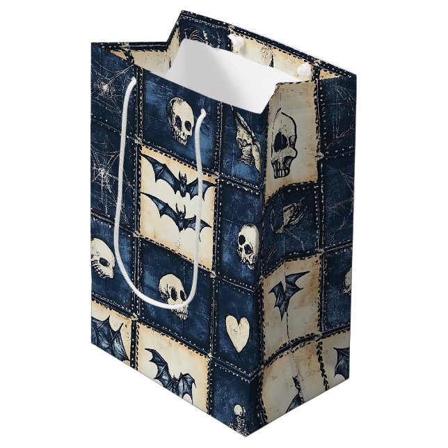 Gothic Halloween Denim Patchwork Pattern Medium Gift Bag (Front Angled)