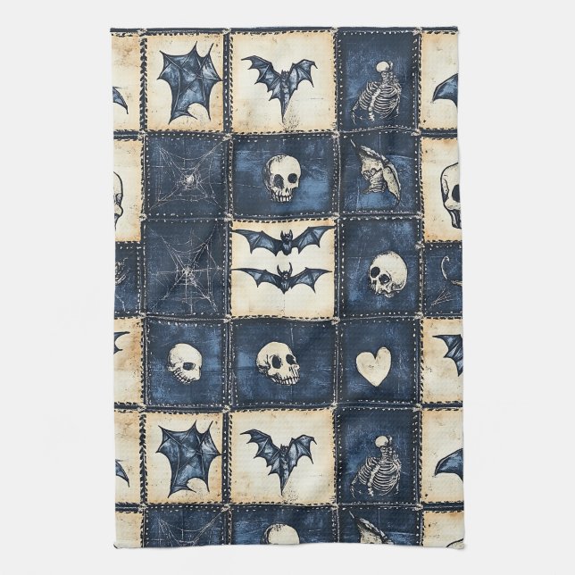 Gothic Halloween Denim Patchwork Pattern Tea Towel (Vertical)