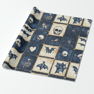 Gothic Halloween Denim Patchwork Pattern Wrapping Paper