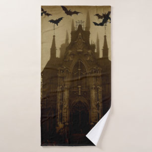 Gothic Halloween/fall cathedral and bats Bath Towel