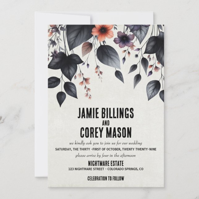 Gothic Halloween Floral Wedding Invitation (Front)