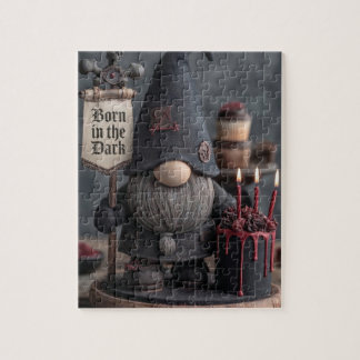 Gothic Halloween gnome with Born in the Dark sign Jigsaw Puzzle