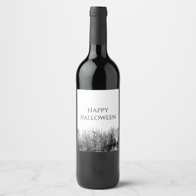 Gothic Halloween Haunted Woods Black White  Wine Label (Front)