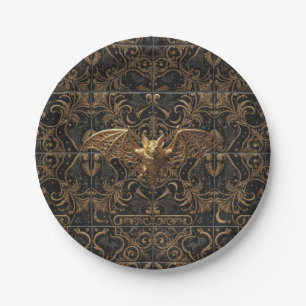 Gothic Halloween Paper Plates Gold Bat Pattern