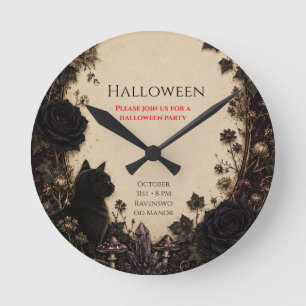 Gothic Halloween Party Roses, Dark Ivy, Moth, moon Round Clock
