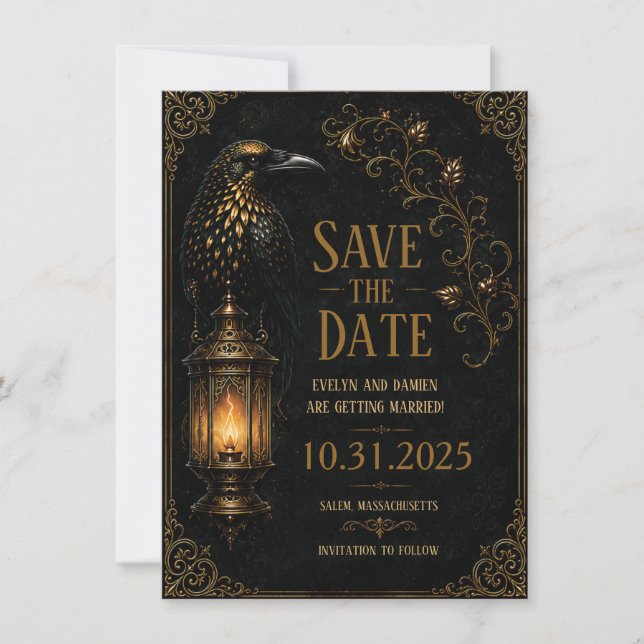Gothic Halloween Raven Save the Date Card (Front)