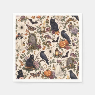 Gothic Halloween Ravens Cats Ghosts Floral Pattern Napkin