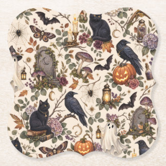 Gothic Halloween Ravens Cats Ghosts Floral Pattern Paper Coaster