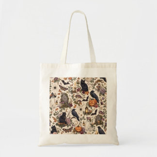Gothic Halloween Ravens Cats Ghosts Floral Pattern Tote Bag
