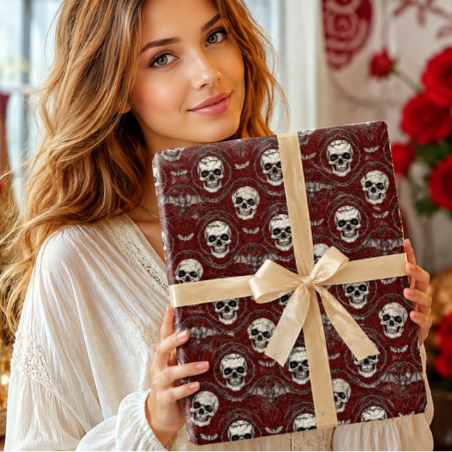 Gothic Halloween Skull and Bats Damask Red Wrapping Paper (Creator Uploaded)