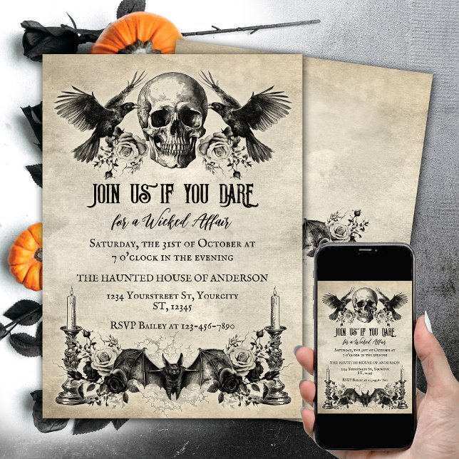 Gothic Halloween skull candle bat raven black rose Invitation (Gothic Halloween invitaion, skull, ravens, bat, candles. Wicked affair.)