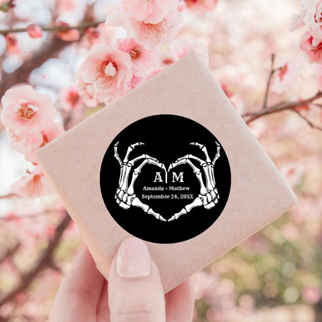 Gothic Halloween Skull Hand Heart Black Wedding Classic Round Sticker (Creator Uploaded)
