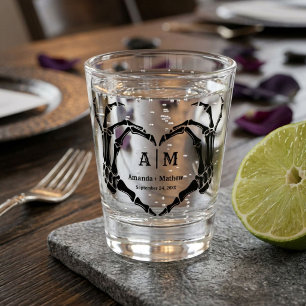 Gothic Halloween Skull Hand Heart Black Wedding Shot Glass
