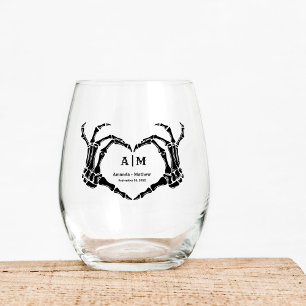 Gothic Halloween Skull Hand Heart Black Wedding Stemless Wine Glass