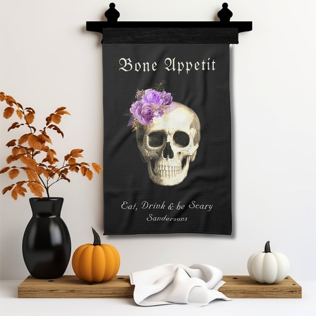  Gothic Halloween Skull Purple Roses Personalised  Tea Towel (Creator Uploaded)