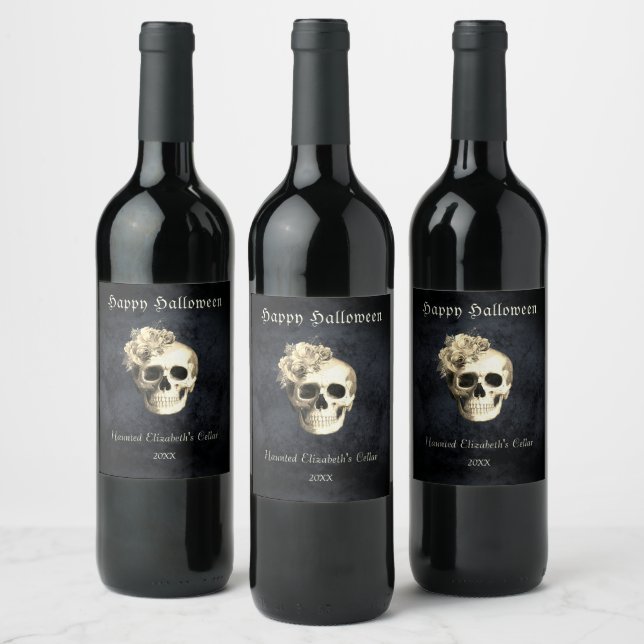 Gothic Halloween Skull White Roses Personalised Wine Label (Bottles)