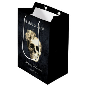 Gothic Halloween Skull White Roses Personalized Medium Gift Bag