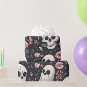 Gothic Halloween Vintage Skull Ghost Floral Wrapping Paper