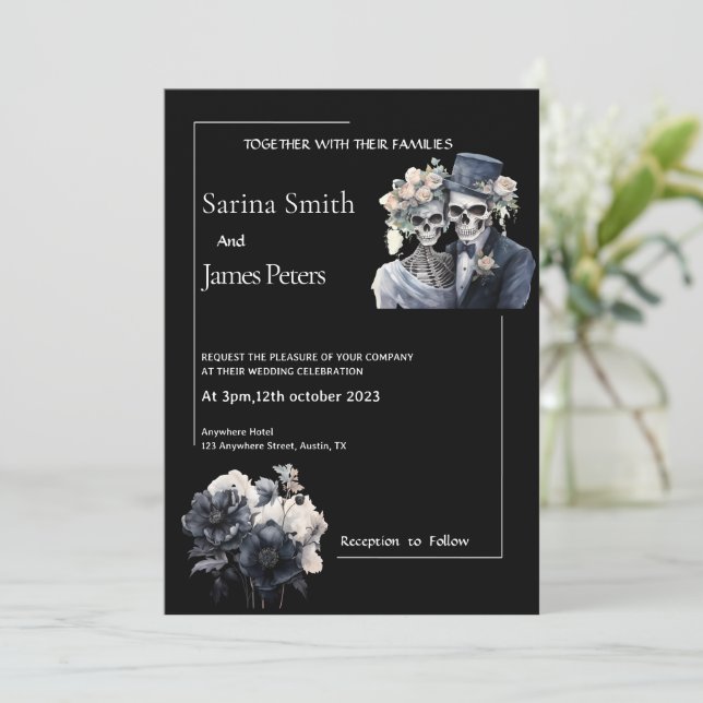  Gothic Halloween Wedding Invitation Black Floral (Standing Front)