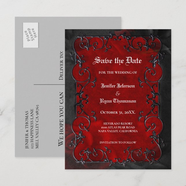 Gothic halloween wedding save the date postcard (Front/Back)
