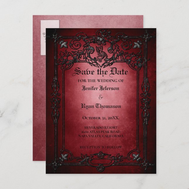 Gothic halloween wedding save the date postcard (Front/Back)