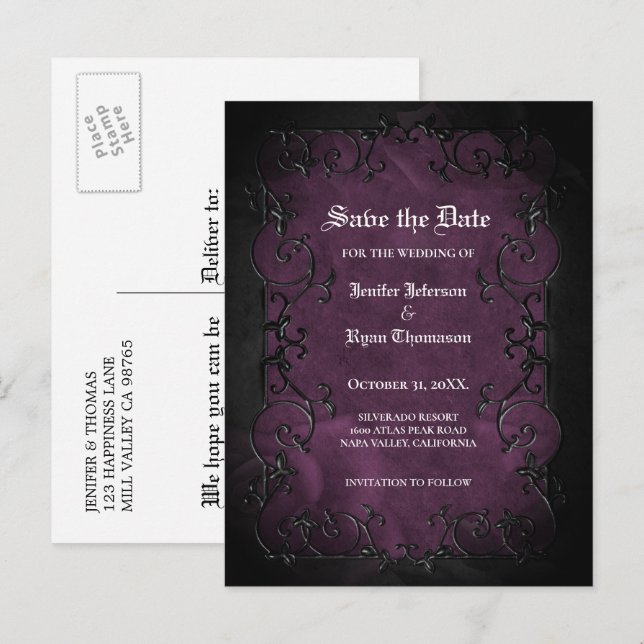 Gothic halloween wedding save the date postcard (Front/Back)