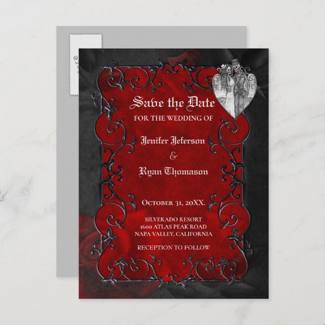 Gothic halloween wedding save the date postcard (Front/Back)
