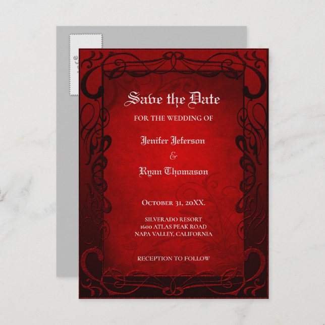 Gothic halloween wedding save the date postcard (Front/Back)