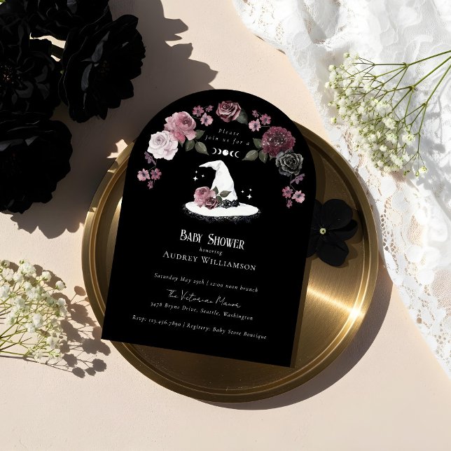 Gothic Halloween White Lace Witch Hat Baby Shower Invitation (Gothic Halloween White Lace Witch Hat Baby Shower Invitation)