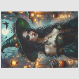 Gothic Halloween Witch with Pumpkins and Moonlit  Tissue Paper