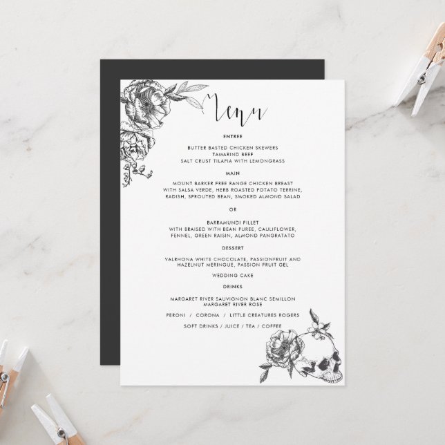  Gothic Hand drawn Flowers Menu Card (Front/Back In Situ)