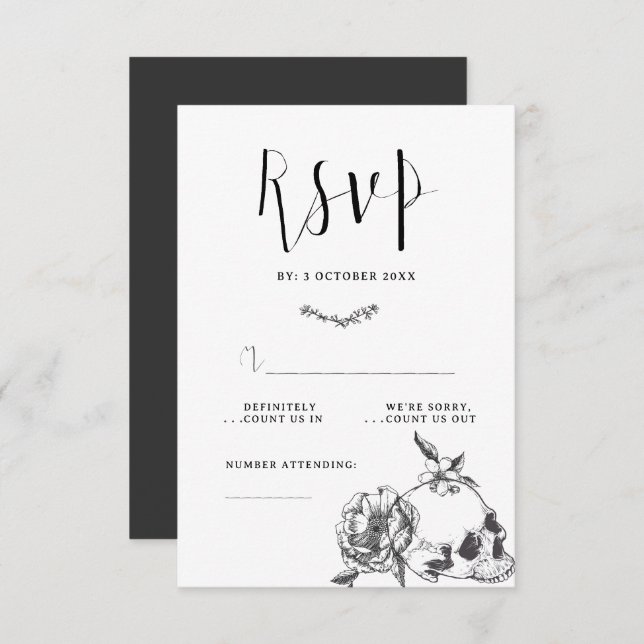 Gothic Hand drawn Flowers Skull RSVP card (Front/Back)