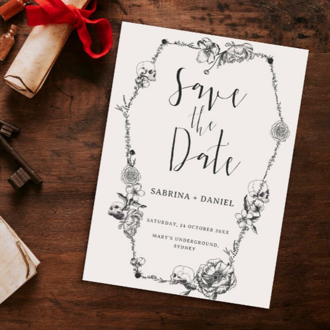 Gothic Hand drawn Flowers Skull Save the date Invi Invitation (Creator Uploaded)