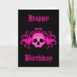 Gothic Happy Birthday Card<br><div class="desc">Adorable Goth Birthday Card in black with a hot pink fanged skull with a heart on top and swirls printed on the front. If you don't like the text,  it can be changed very easily.</div>