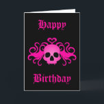 Gothic Happy Birthday Card<br><div class="desc">Adorable Goth Birthday Card in black with a hot pink fanged skull with a heart on top and swirls printed on the front. If you don't like the text,  it can be changed very easily.</div>