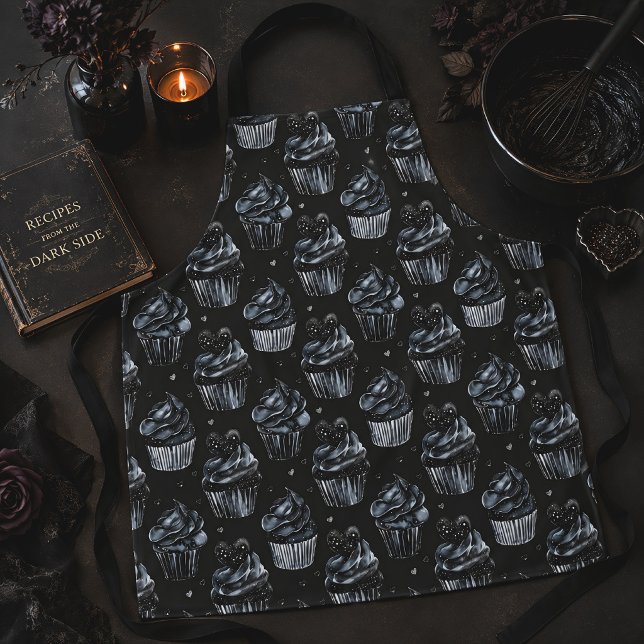 Gothic Haunted Cupcakes & Hearts Black Apron (Creator Uploaded)