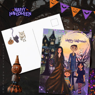 Gothic Haunted House Family Halloween Postcard