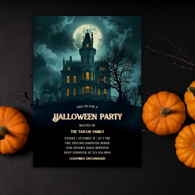 Gothic Haunted House Halloween Party Invitation (Gothic Haunted House Halloween Party Invitation – Full Moon Night | Annual Costume Party)