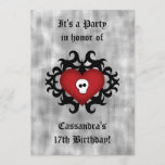 Gothic heart birthday party invitation<br><div class="desc">Adorable black damask motif drawn by me with a red heart on it and a tiny skull. So cute. Shown here on 5x7" party invites to personalise with your details. Works well for sweet 16,  Valentine's day or any fitting occasion.</div>