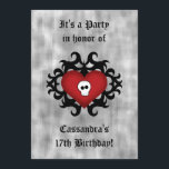 Gothic heart birthday party invitation<br><div class="desc">Adorable black damask motif drawn by me with a red heart on it and a tiny skull. So cute. Shown here on 5x7" party invites to personalise with your details. Works well for sweet 16,  Valentine's day or any fitting occasion.</div>