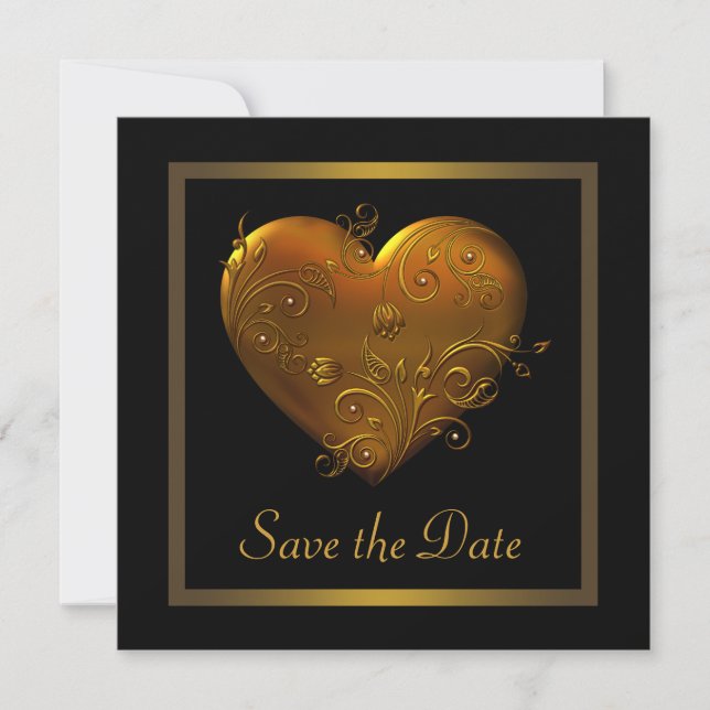 Gothic Heart Black Gold Wedding Save The Date (Front)